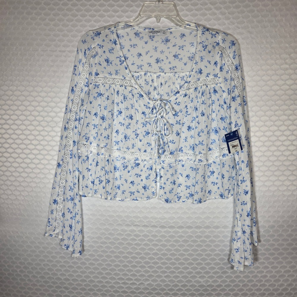 Arizona Jean Co Blue Floral Lace Trim Tie Front Crop Top Bell Sleeve Small NWT